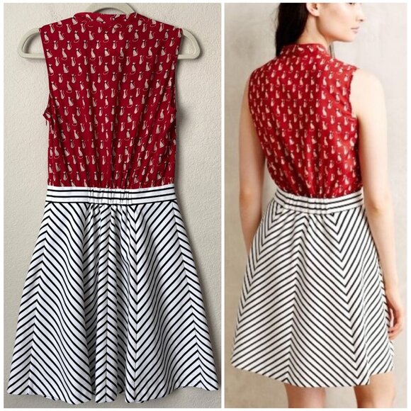 Anthropologie Tabitha Cat Gatto Printed Novelty Dress Striped Tie Neck HTF Rare - Picture 12 of 15